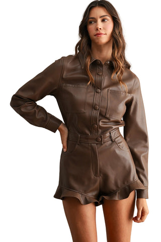 Faux Leather Button Down Belted Waist Romper - Verte Boutique
