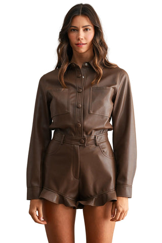Faux Leather Button Down Belted Waist Romper - Verte Boutique