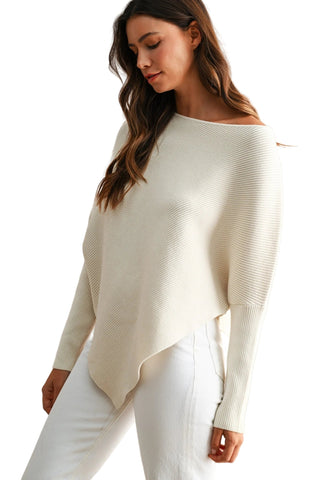 Ribbed Knit Asymmetrical Pointed Hem Dolman Sleeve Sweater - Verte Boutique