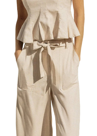 Oatmeal Cotton Linen Wide - Leg Belted Trousers - Verte Boutique