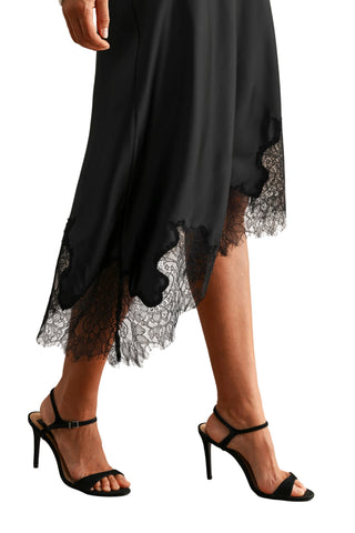 High Waisted Lace Trim Asymmetric Hemline Midi Skirt