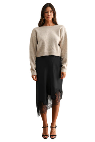 High Waisted Lace Trim Asymmetric Hemline Midi Skirt