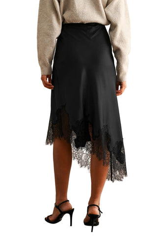 A woman wearing a black satin midi skirt with a lace hem, paired with a beige sweater and black high-heeled sandals, shown from the back against a neutral beige background.