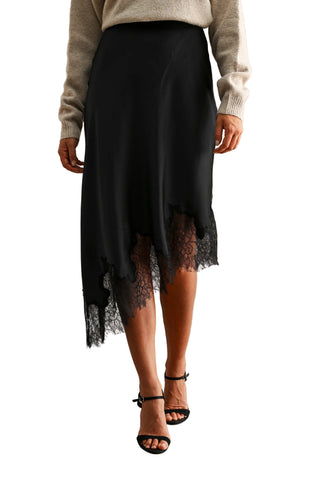 High Waisted Lace Trim Asymmetric Hemline Midi Skirt