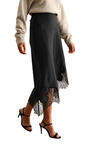 High Waisted Lace Trim Asymmetric Hemline Midi Skirt