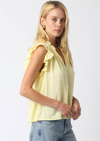 Butter Yellow Textured V - Neck Ruffle Blouse - Verte Boutique