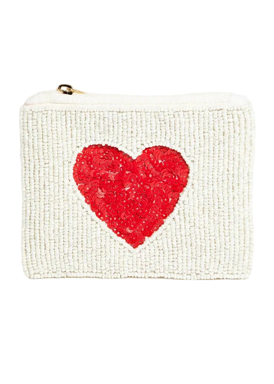 White textured pouch with a red heart design on a white background