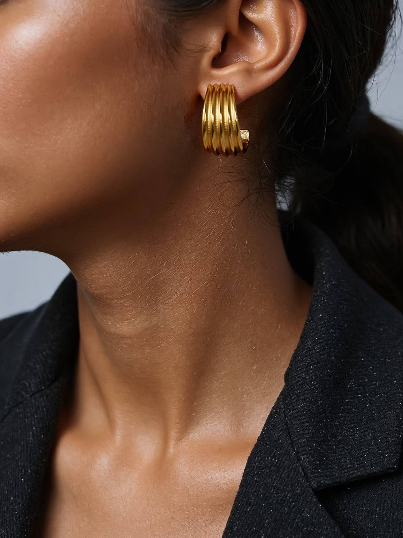 Gold Non-Tarnish Wide Ribbed Hoop Earrings
