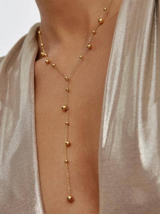 Gold Non-Tarnish Beaded Y Lariat Necklace