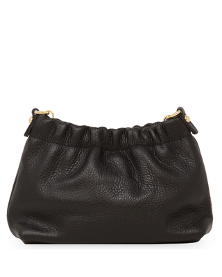 Black leather handbag with gold zipper on a white background