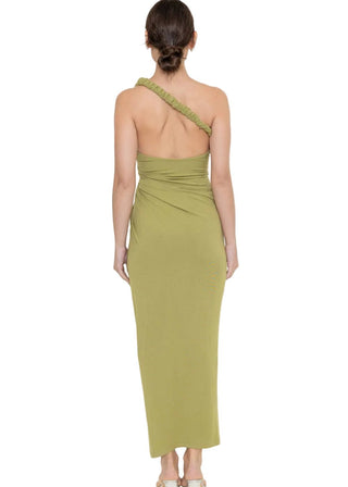Pistachio Draped One - Shoulder Thigh Slit Maxi Dress - Verte Boutique
