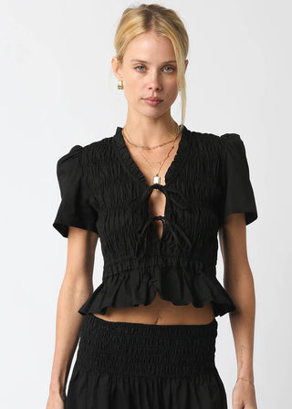 Black Short Sleeve Smocked Poplin Peplum Top - Verte Boutique