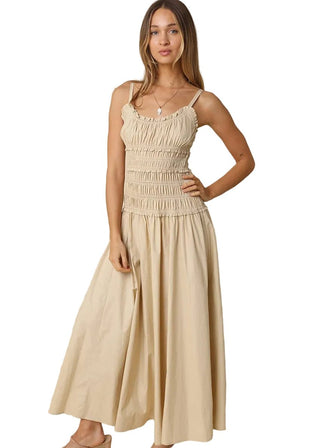 Khaki Smocked Cotton Drop Waist Maxi Dress - Verte Boutique