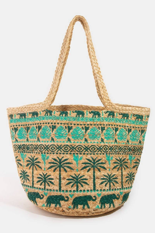 Palm  Leaf Print Jute Tote Bag