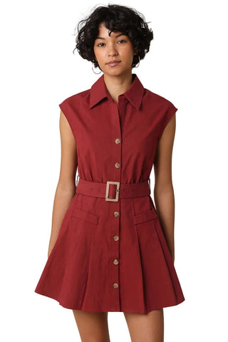 Belted Sleeveless A-Line Shirt Dress - Verte Boutique