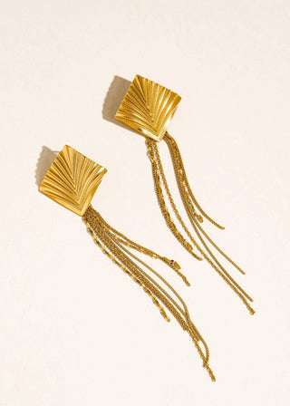 Gold Non - Tarnish Geometric Tassel Drop Statement Earrings - Verte Boutique