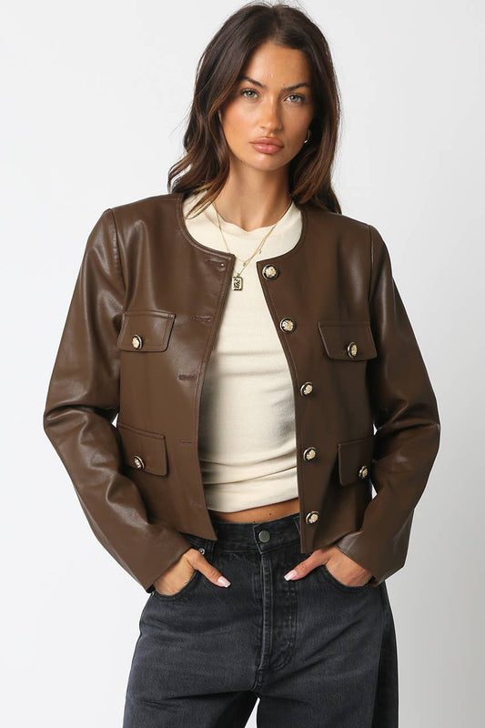 Collarless Faux Leather Jacket