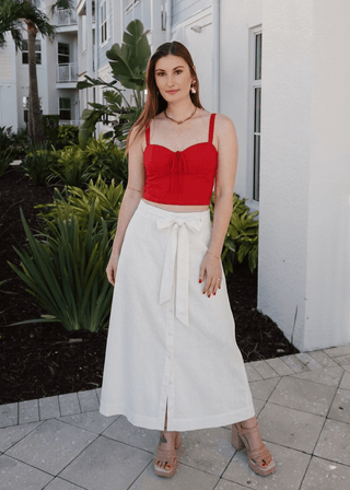 Linen Blend Button - Front A - Line Midi Skirt with Belt - Verte Boutique