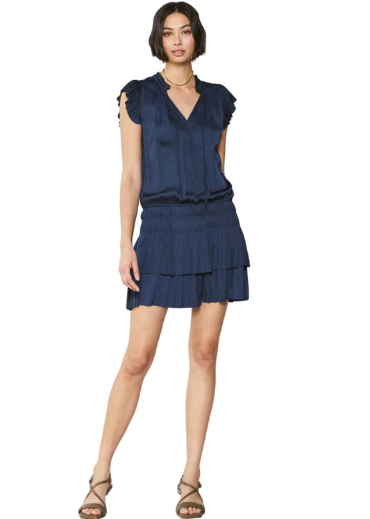 Navy Satin Pleated Mini Dress
