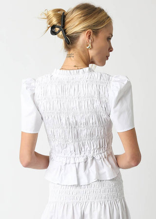 White Short Sleeve Smocked Poplin Peplum Top - Verte Boutique