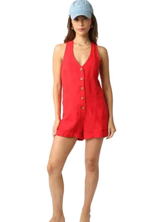 Red Linen Button - Front Romper - Verte Boutique