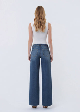 High Rise Dark Wash Raw Hem Wide Leg Jeans | Comfort Stretch Denim - Verte Boutique