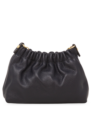 Black leather handbag with gold accents on a white background