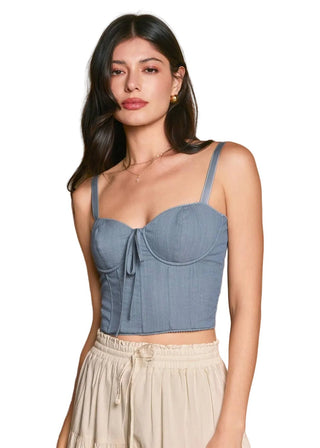 Denim Blue Underwire Corset Top – Smocked Bustier with Picot Trim - Verte Boutique
