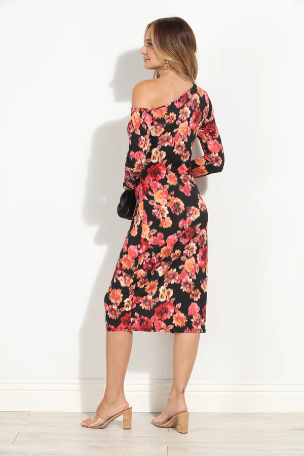 Asymmetrical Abstract Floral Midi Dress