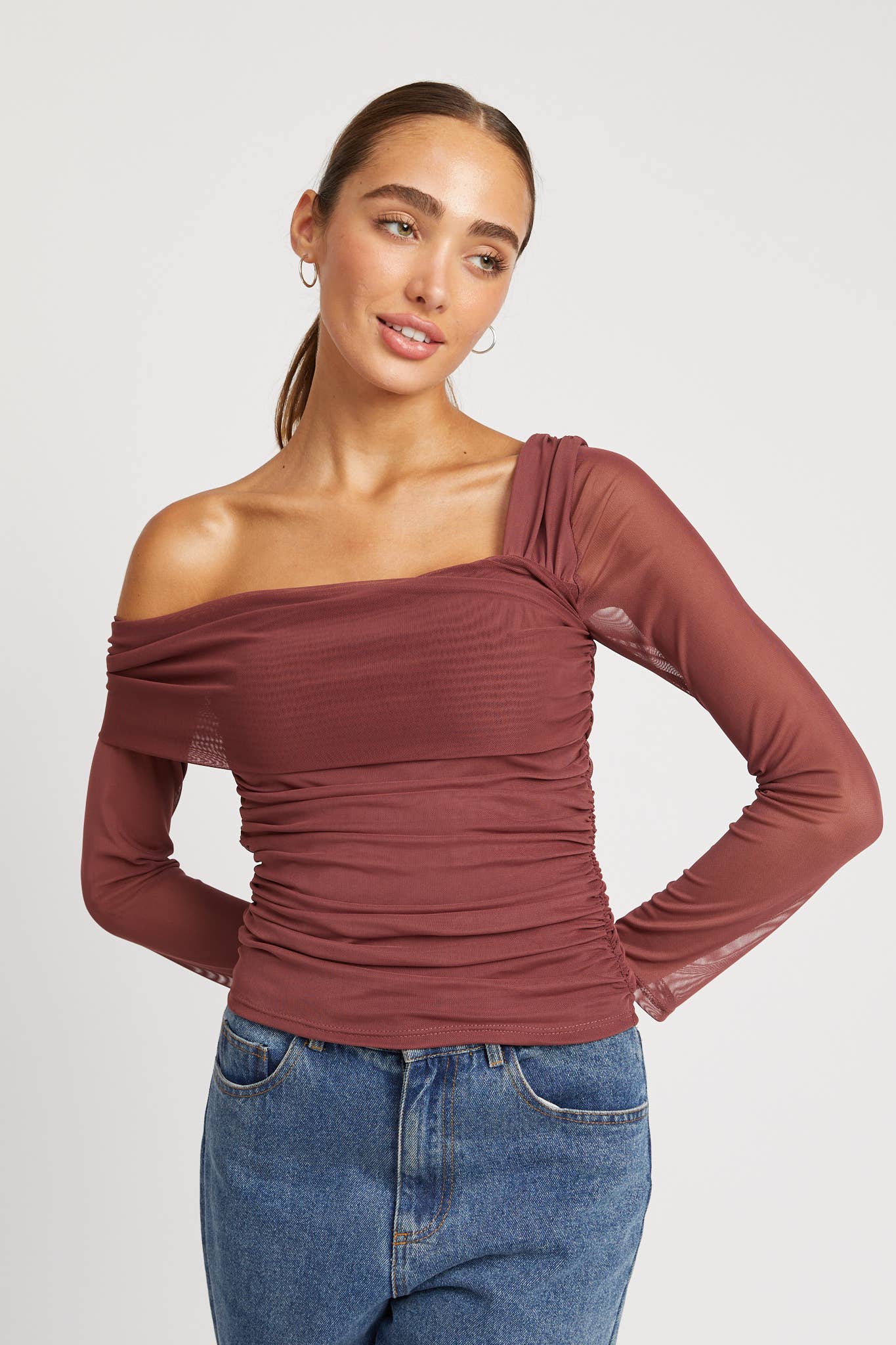 Asymmetrical Shirred Mesh Top