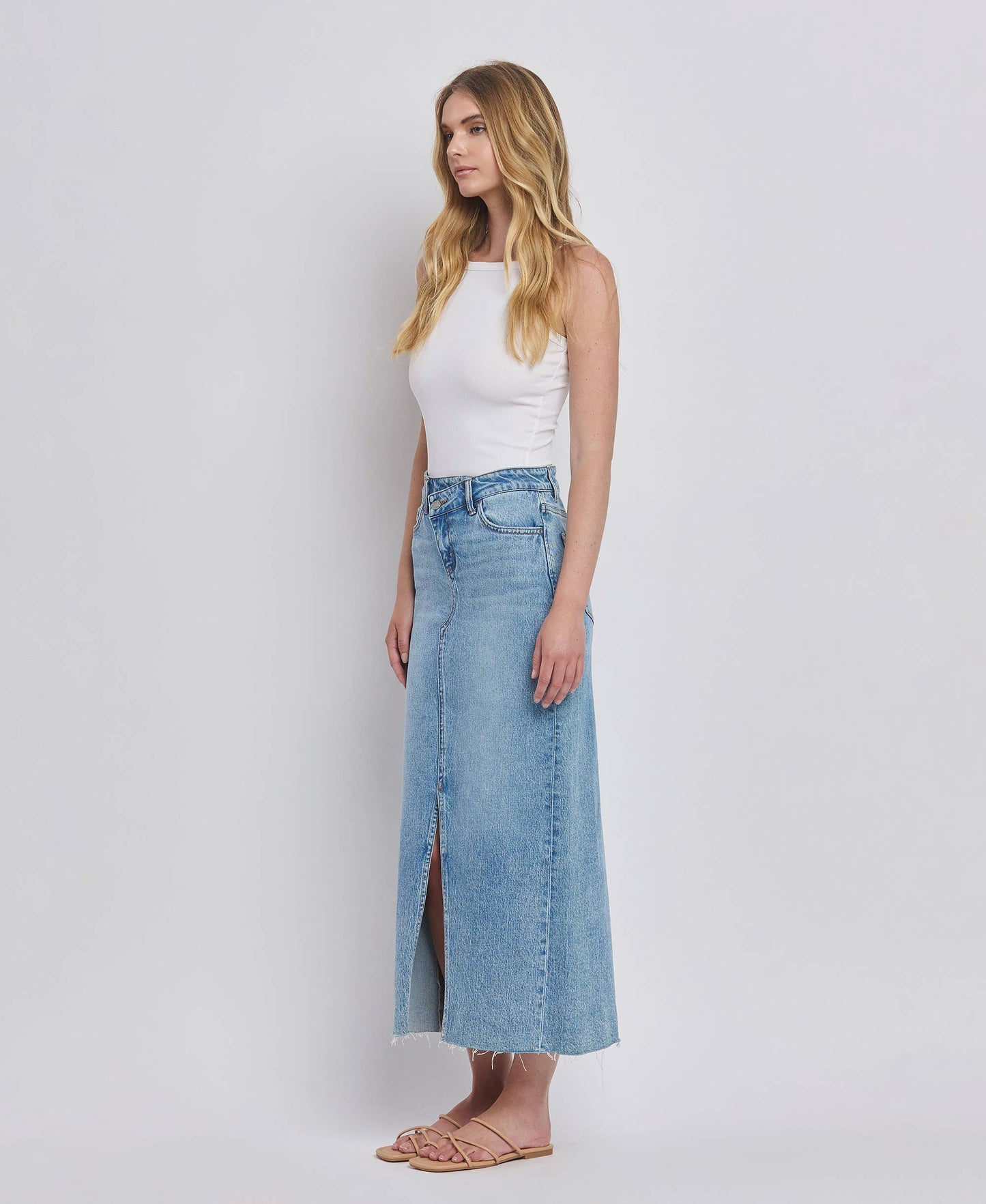 Criss Cross Front Slit Denim Maxi Skirt