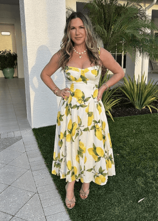 Linen Lemon Print Corset Midi Dress - Verte Boutique