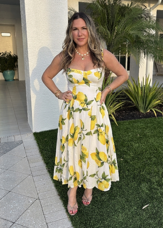 Zesty Lemon Print Linen Corset Midi Dress