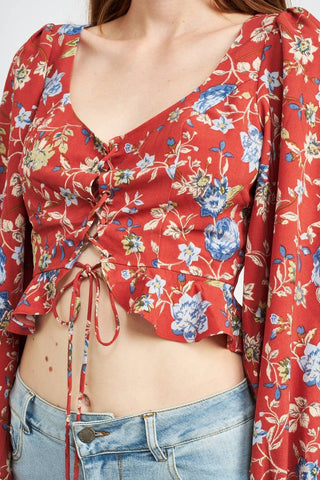 Lace Up Front Floral Top - Verte Boutique