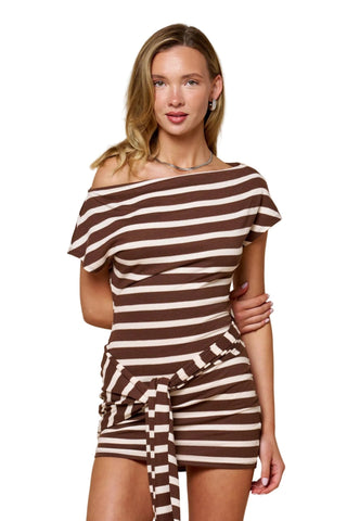 Striped Off-Shoulder Tie-Waist Bodycon Mini Dress - Verte Boutique