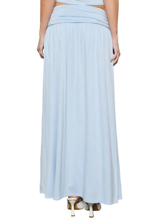 Sky Blue Ruched Maxi Skirt – Flattering High - Waist Side Slit - Verte Boutique