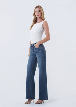 High Rise Dark Wash Raw Hem Wide Leg Jeans | Comfort Stretch Denim - Verte Boutique