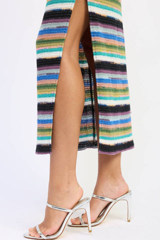 Horizon Multi-Stripe Crochet Knit Midi Dress