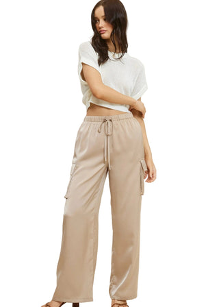 Nude Drawstring Waistband Solid Satin Cargo Wide - Leg Pants - Verte Boutique