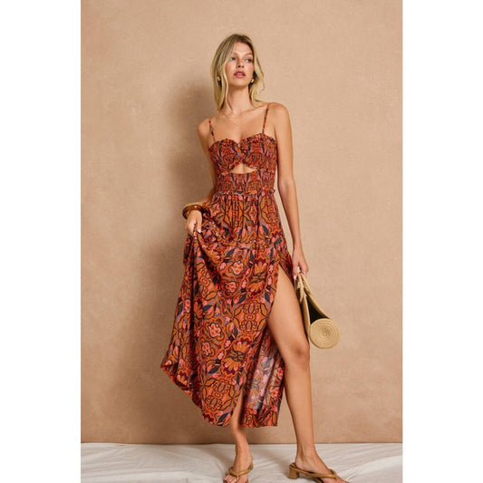 Fall Print Cutout Smocked Maxi Dress
