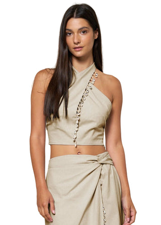 Bohemian Tan Linen Crisscross Halter Top with Shell & Bead Fringe Trim - Verte Boutique