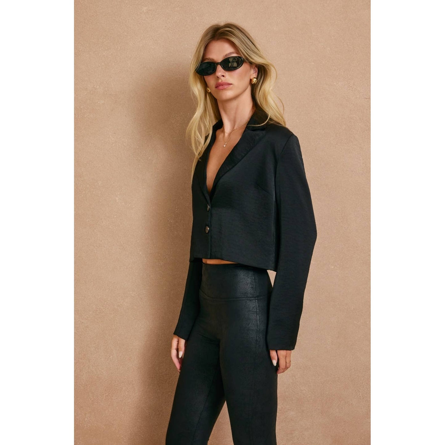 Black Satin Crop Blazer Top