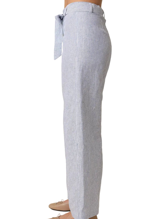 Blue & White Linen Pinstripe Striped Tie-Waist Pants