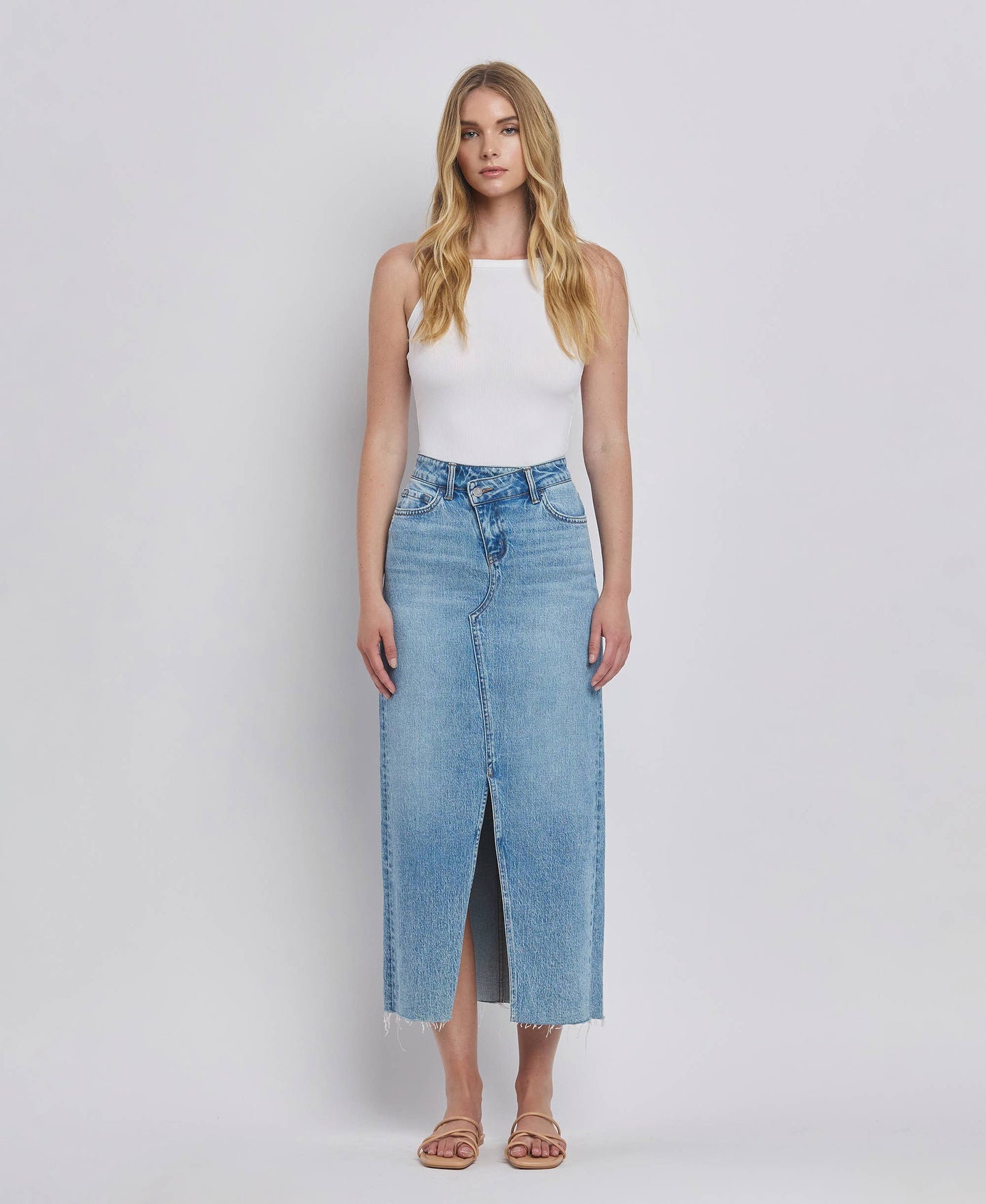 Criss Cross Front Slit Denim Maxi Skirt