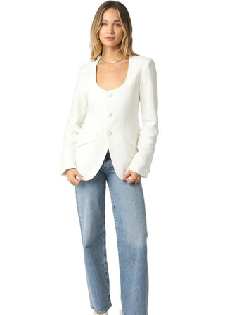 Tailored White Linen Scoop Neck Blazer - Verte Boutique