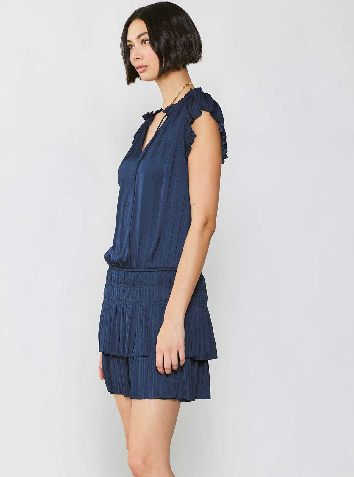 Navy Satin Pleated Mini Dress
