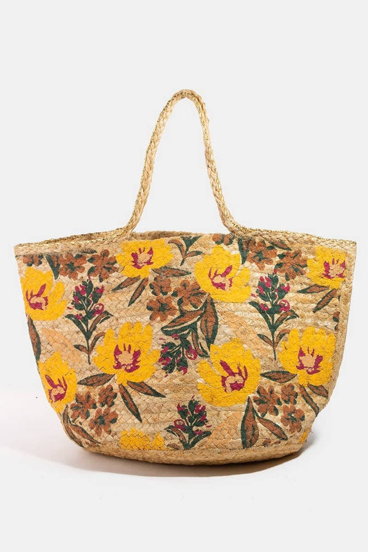 Colorful Floral Pattern Wide Jute Tote Bag