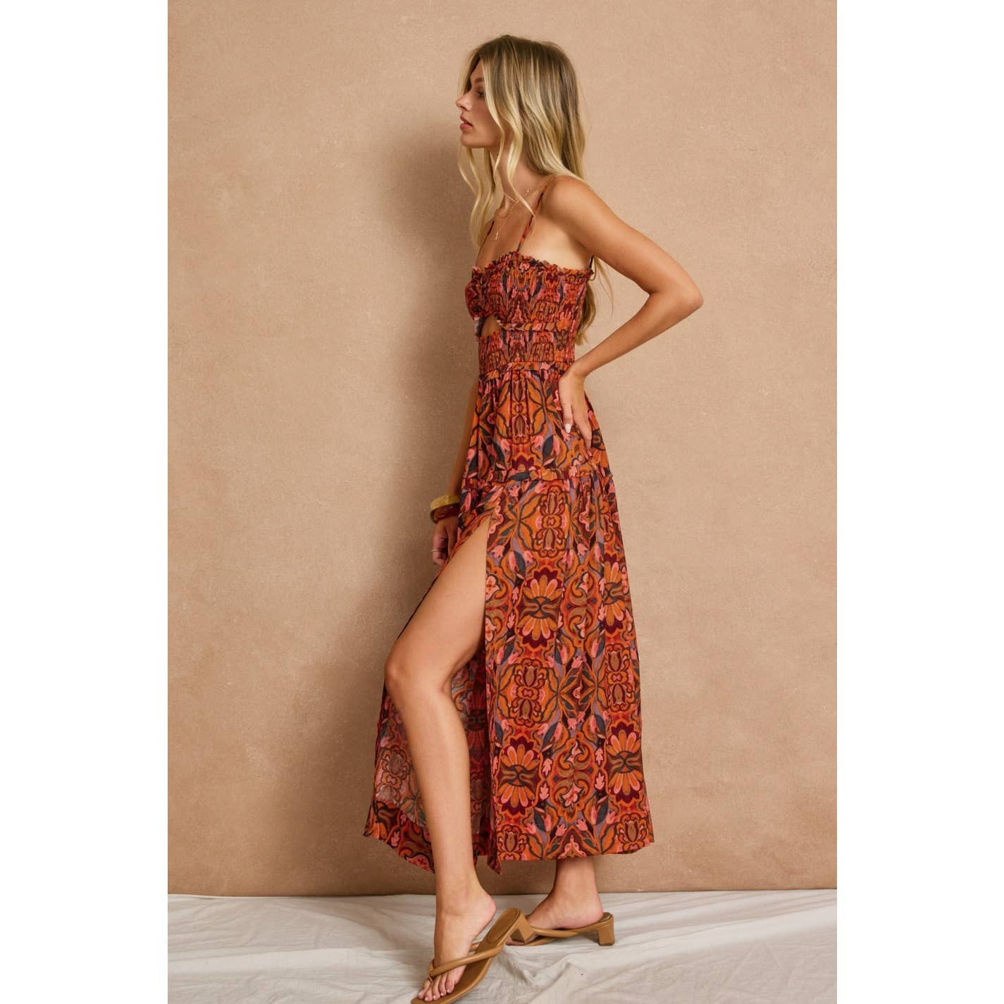 Fall Print Cutout Smocked Maxi Dress