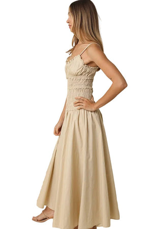 Khaki Smocked Cotton Drop Waist Maxi Dress - Verte Boutique