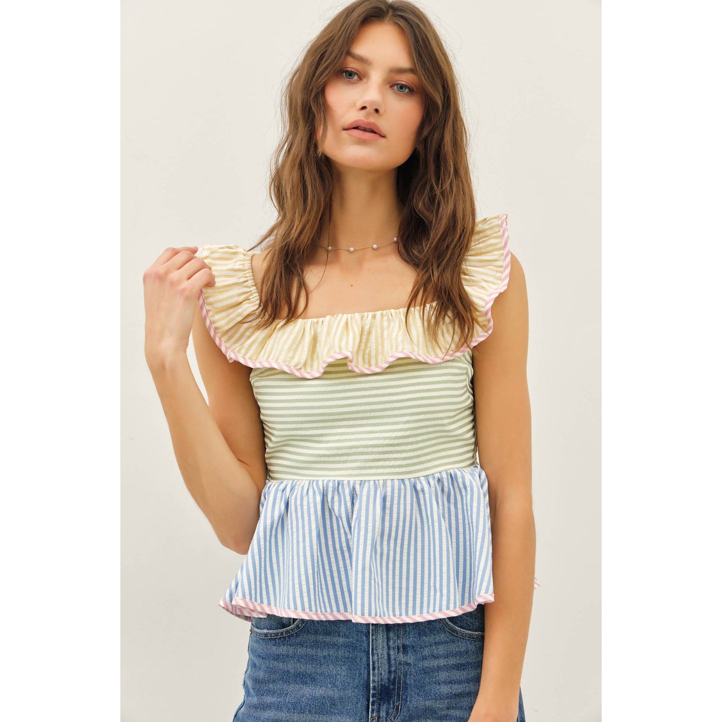 Mutli-Stripe Ruffle Square Neck Top